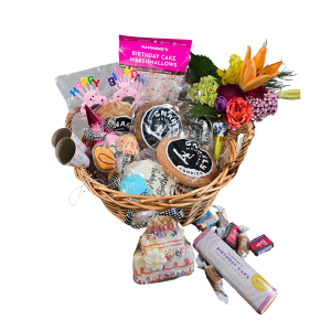 Birthday Bliss Basket with cookies, chocolates, and festive items