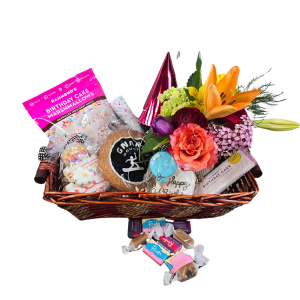 Petite Birthday Delight Basket with cookies, chocolates, and festive items