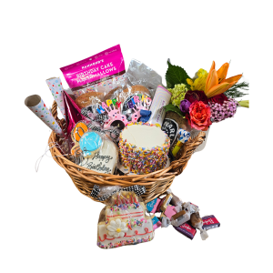Celebration Extravaganza Birthday Basket with cookies, cake, chocolates, and festive items